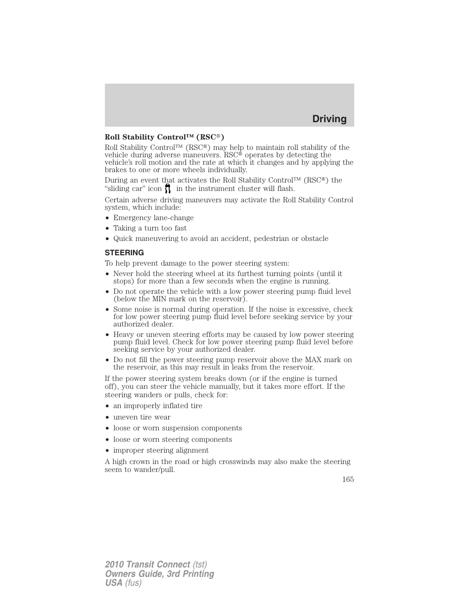 Steering, Driving | FORD 2010 Transit Connect v.3 User Manual | Page 165 / 258