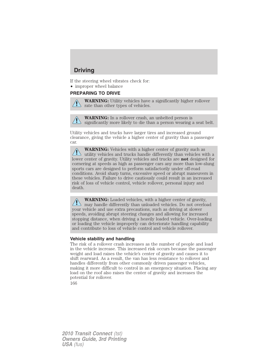 Preparing to drive, Vehicle stability and handling, Driving | FORD 2010 Transit Connect v.3 User Manual | Page 166 / 258