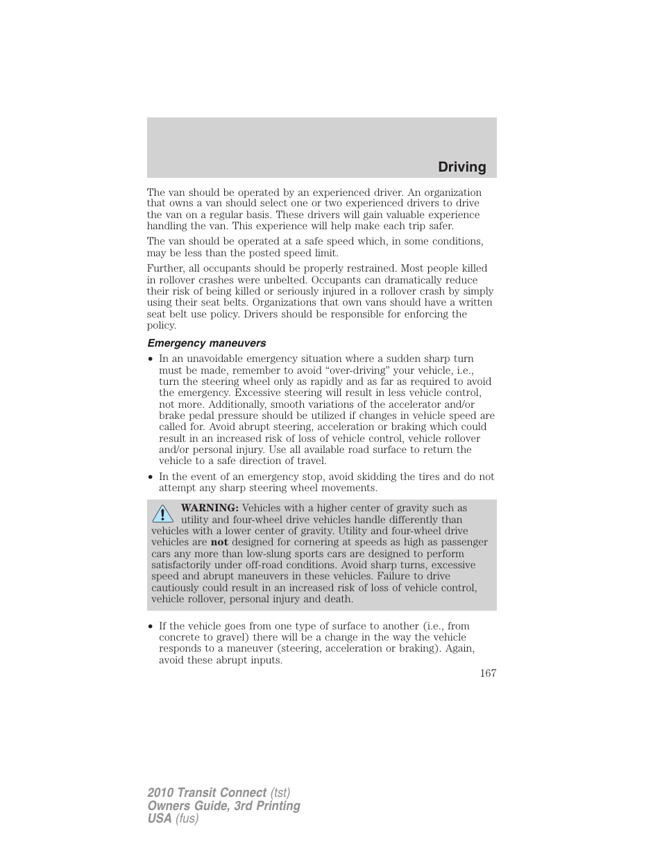 Emergency maneuvers, Driving | FORD 2010 Transit Connect v.3 User Manual | Page 167 / 258