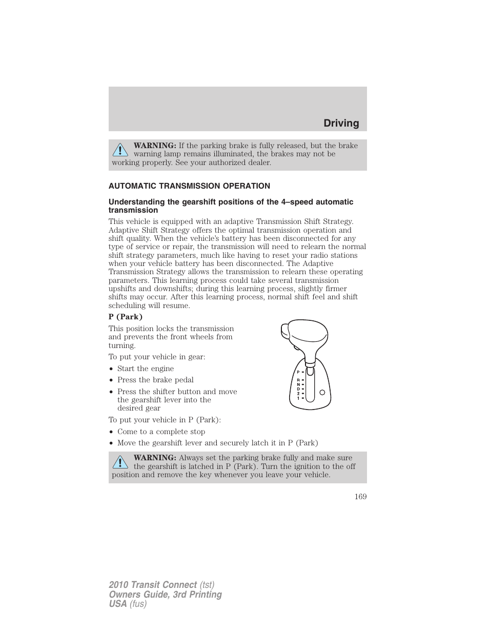Automatic transmission operation, Transmission operation, Driving | FORD 2010 Transit Connect v.3 User Manual | Page 169 / 258