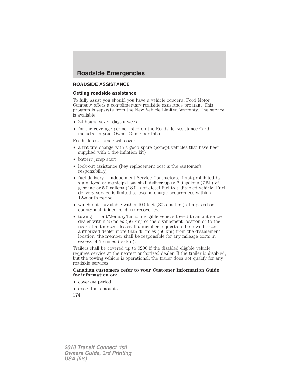 Roadside emergencies, Roadside assistance, Getting roadside assistance | FORD 2010 Transit Connect v.3 User Manual | Page 174 / 258