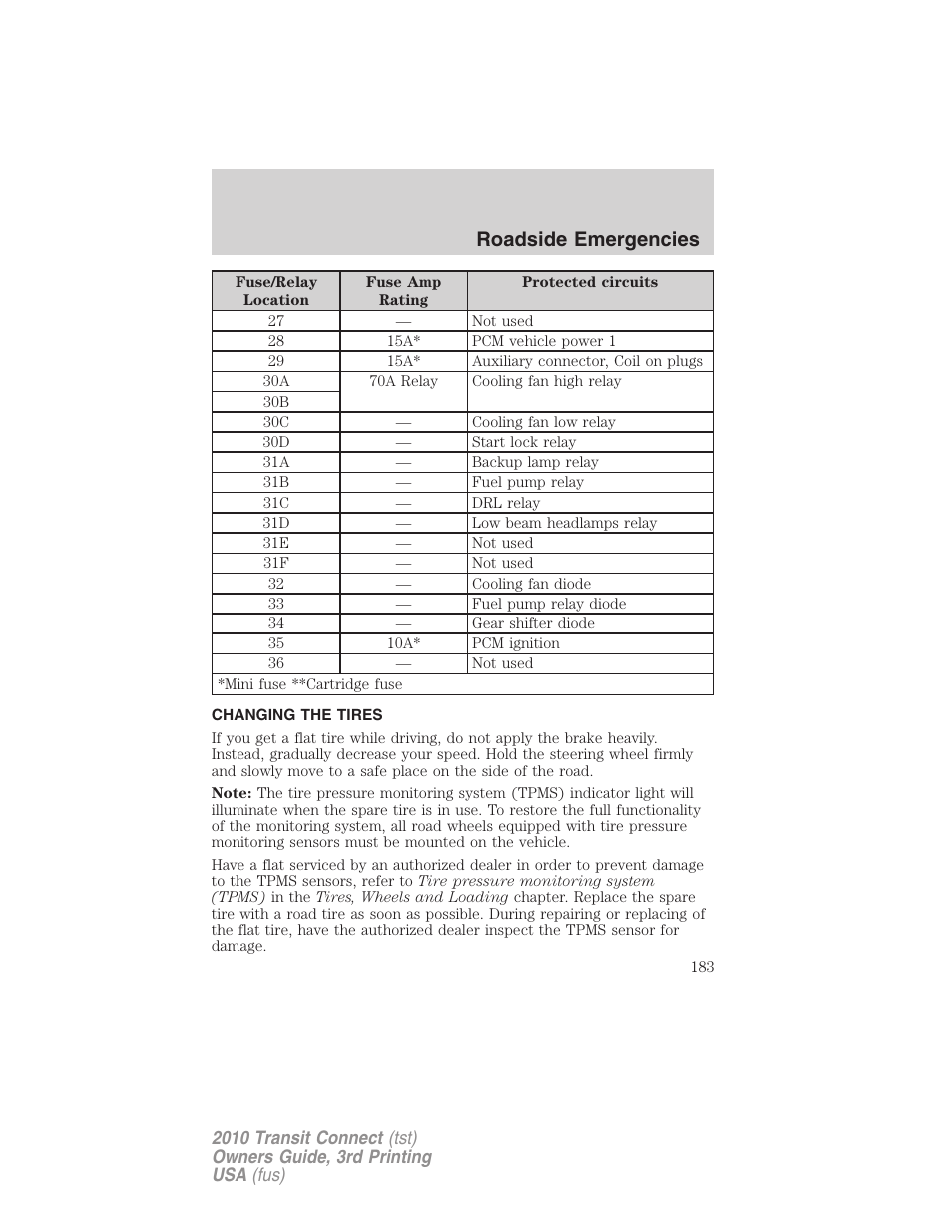 Changing the tires, Changing tires, Roadside emergencies | FORD 2010 Transit Connect v.3 User Manual | Page 183 / 258