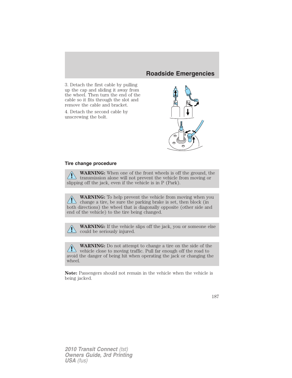 Tire change procedure, Roadside emergencies | FORD 2010 Transit Connect v.3 User Manual | Page 187 / 258