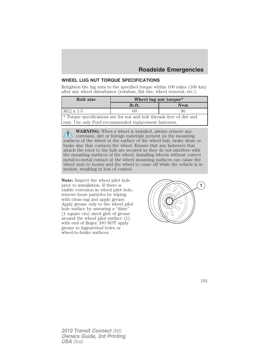 Wheel lug nut torque specifications, Wheel lug nut torque, Roadside emergencies | FORD 2010 Transit Connect v.3 User Manual | Page 191 / 258