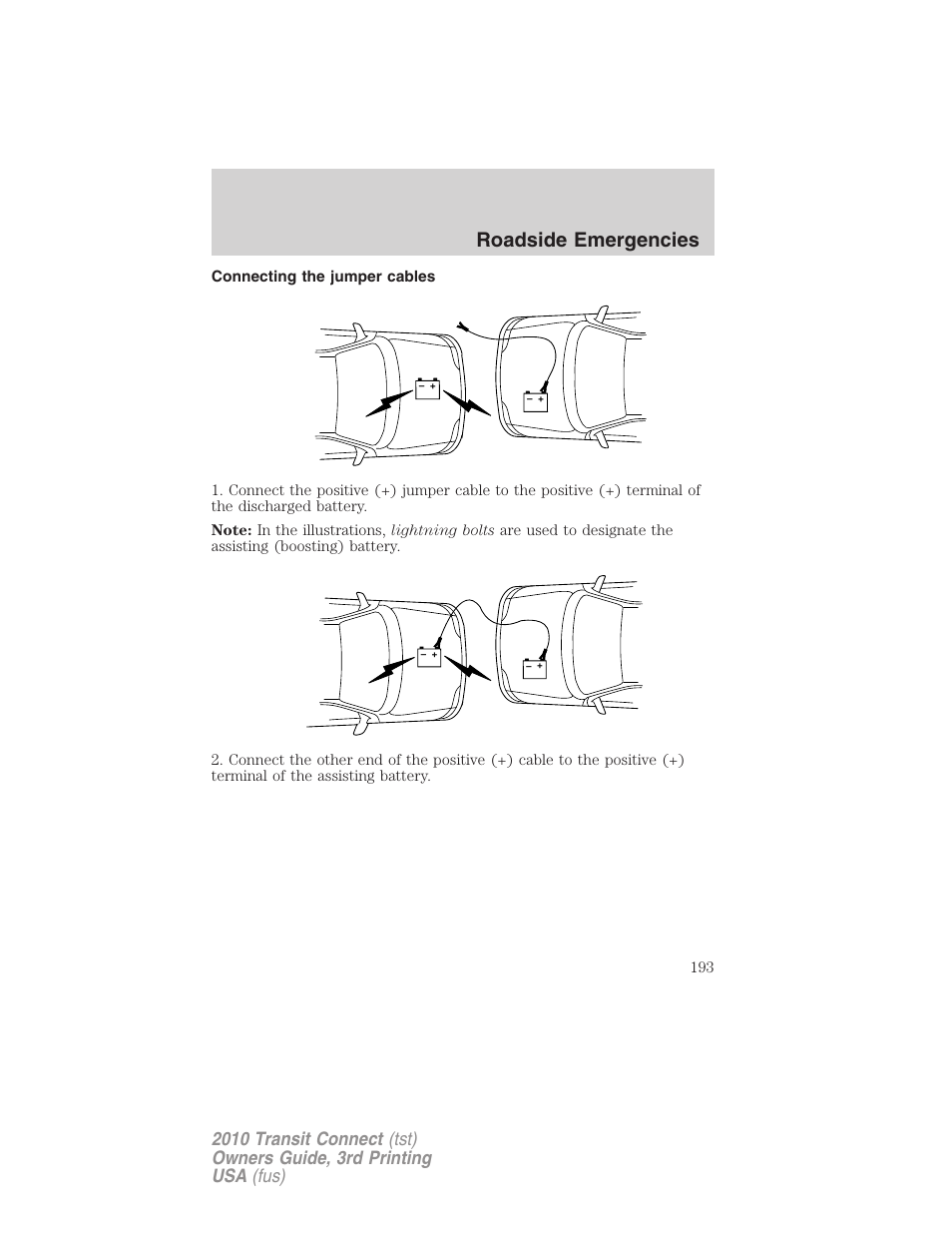 Connecting the jumper cables, Roadside emergencies | FORD 2010 Transit Connect v.3 User Manual | Page 193 / 258
