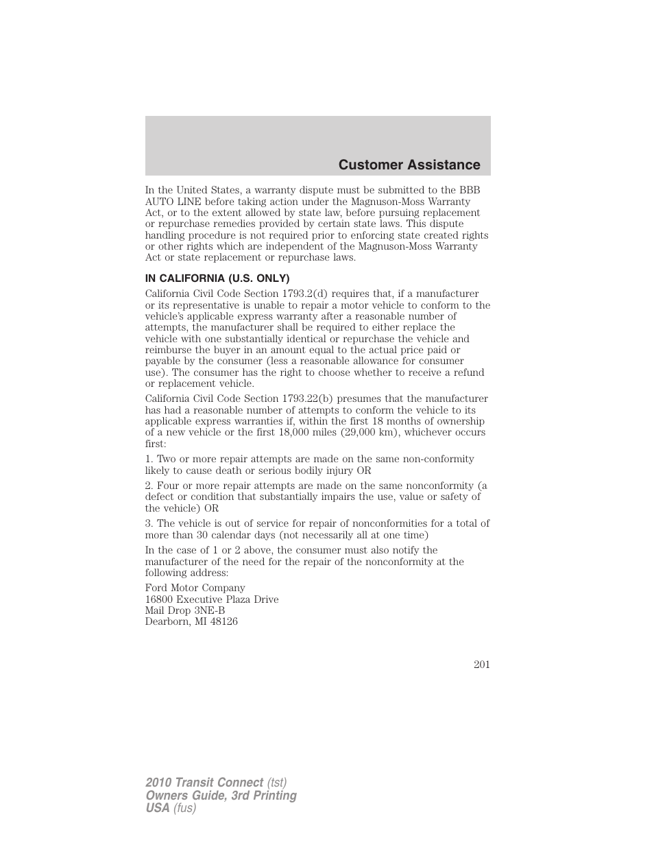 In california (u.s. only), Customer assistance | FORD 2010 Transit Connect v.3 User Manual | Page 201 / 258