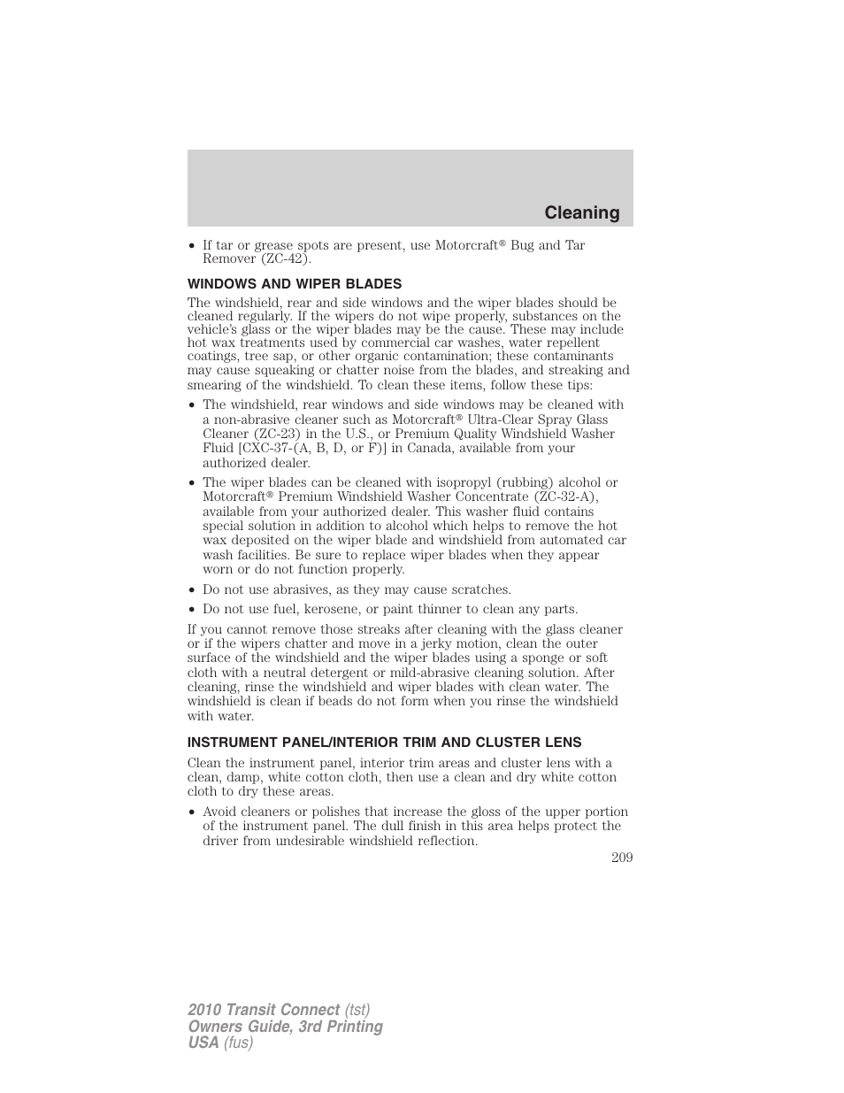 Windows and wiper blades, Instrument panel/interior trim and cluster lens, Cleaning | FORD 2010 Transit Connect v.3 User Manual | Page 209 / 258