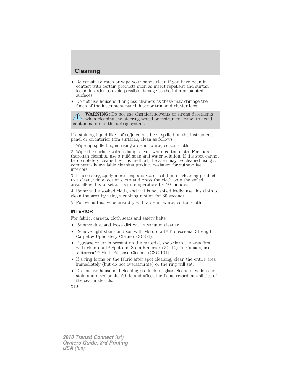 Interior, Cleaning | FORD 2010 Transit Connect v.3 User Manual | Page 210 / 258
