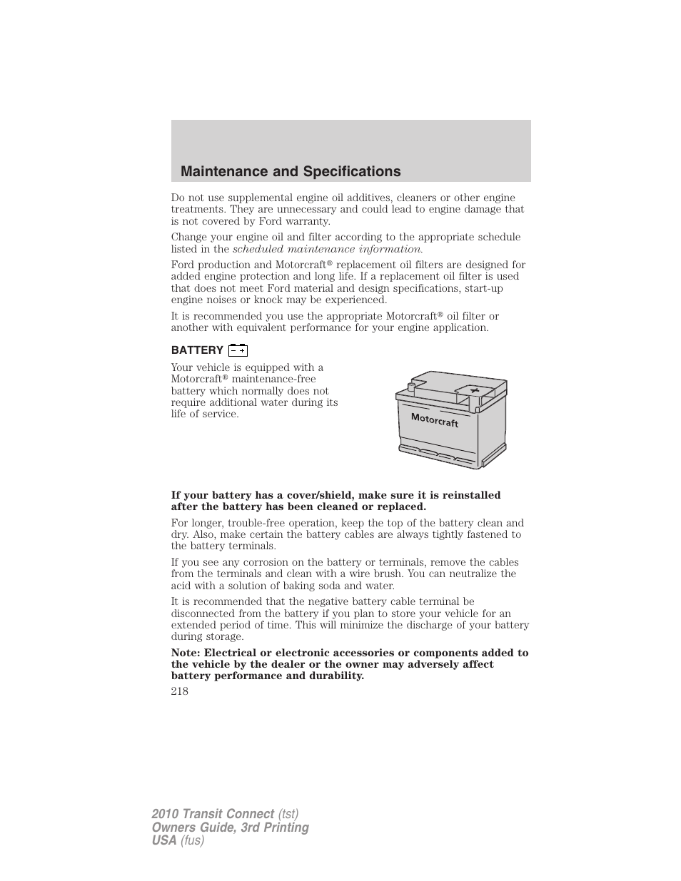 Battery, Maintenance and specifications | FORD 2010 Transit Connect v.3 User Manual | Page 218 / 258