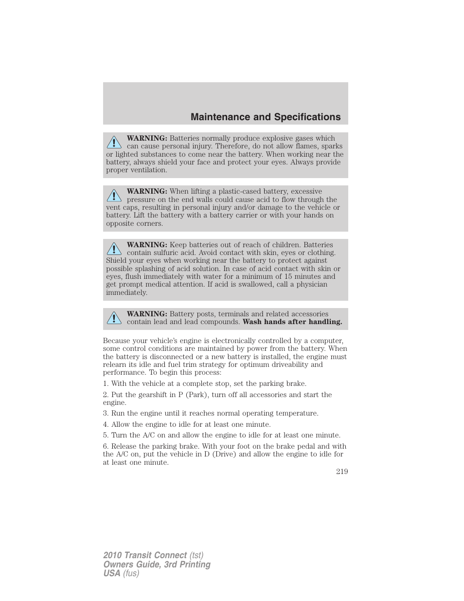 Maintenance and specifications | FORD 2010 Transit Connect v.3 User Manual | Page 219 / 258