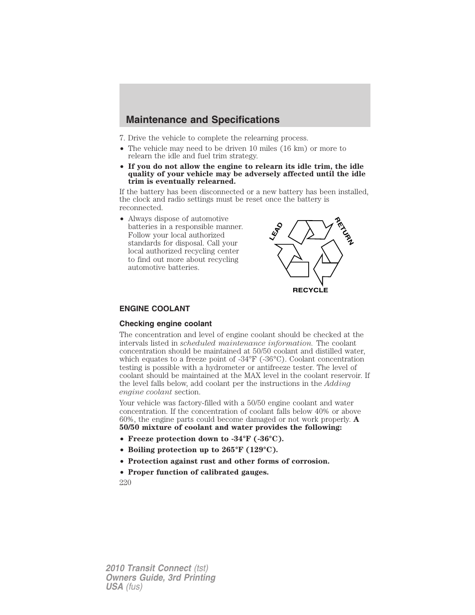 Engine coolant, Checking engine coolant, Maintenance and specifications | FORD 2010 Transit Connect v.3 User Manual | Page 220 / 258