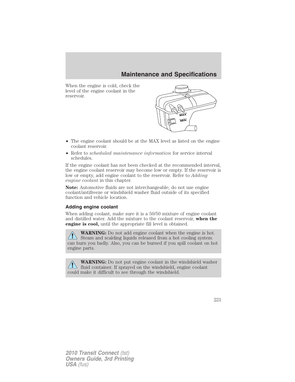 Adding engine coolant, Maintenance and specifications | FORD 2010 Transit Connect v.3 User Manual | Page 221 / 258
