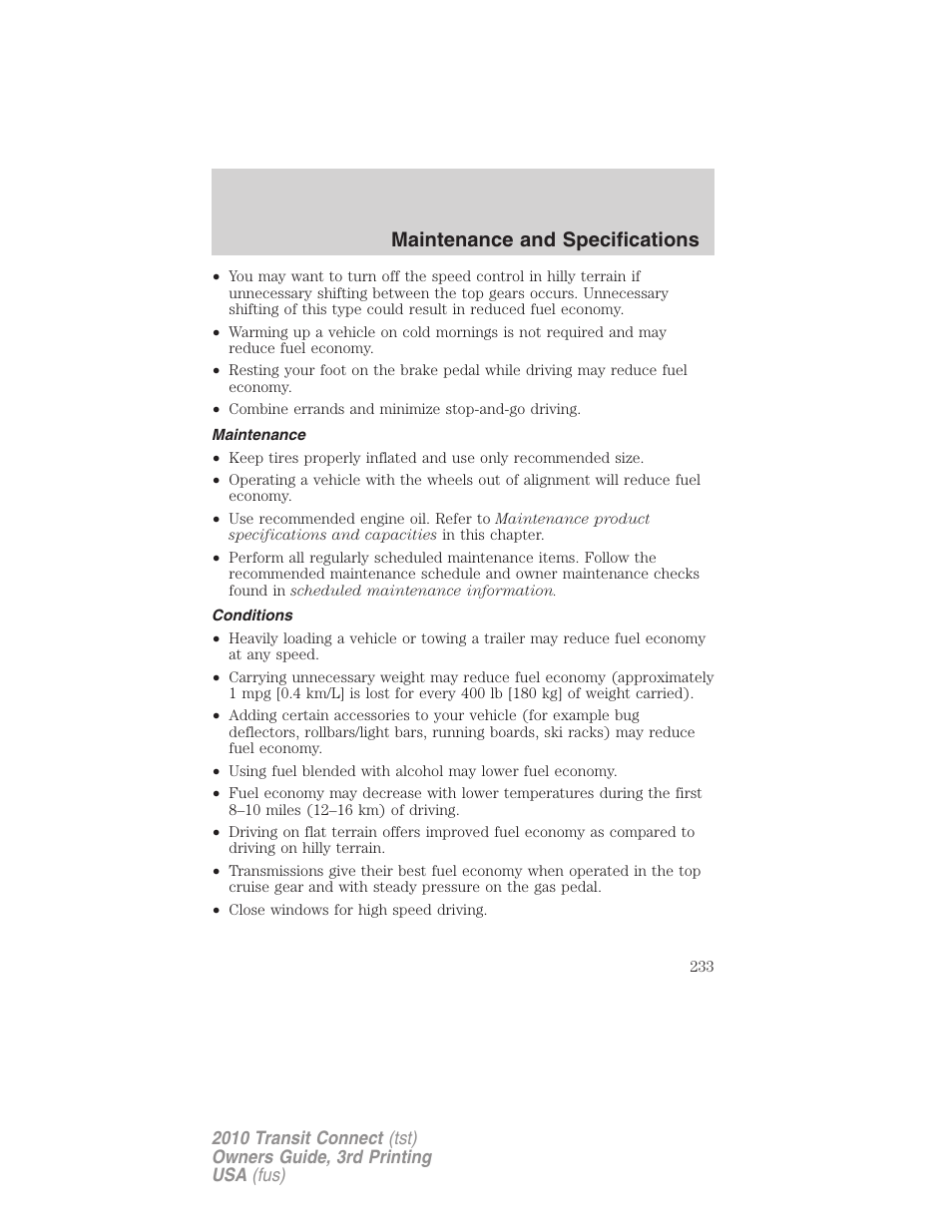 Maintenance, Conditions, Maintenance and specifications | FORD 2010 Transit Connect v.3 User Manual | Page 233 / 258