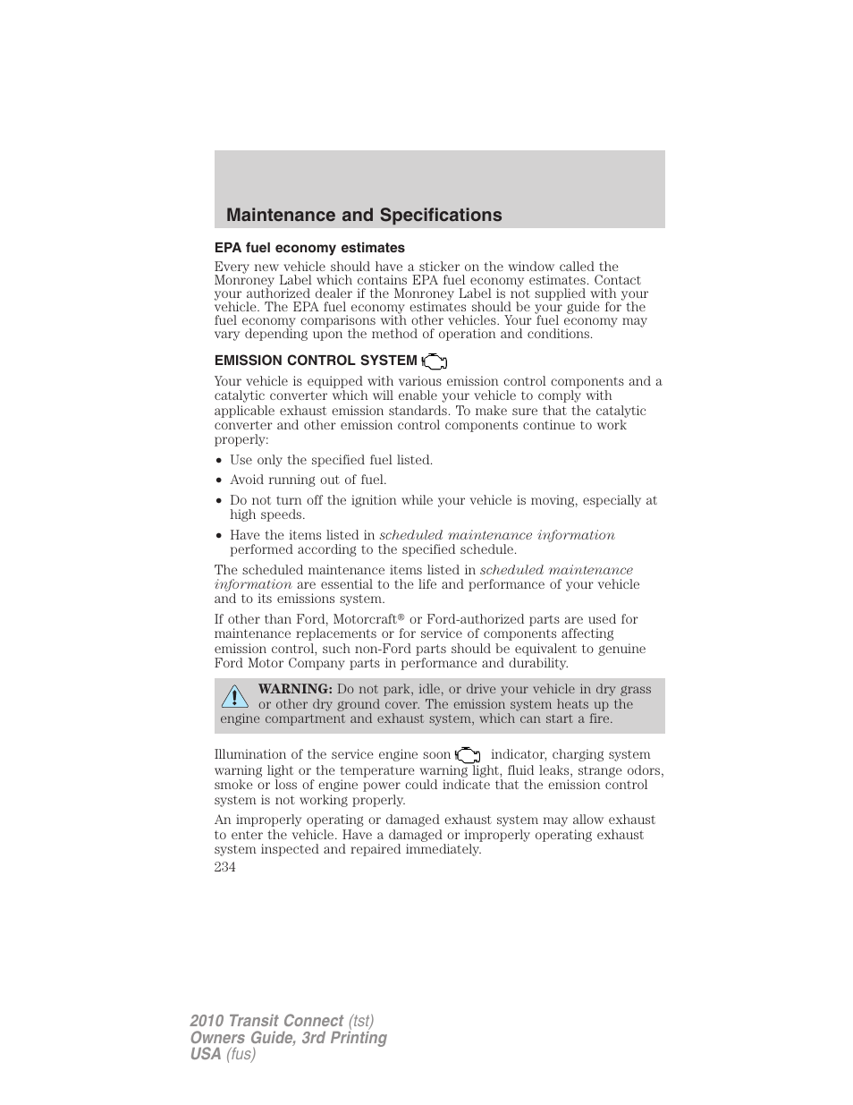 Epa fuel economy estimates, Emission control system, Maintenance and specifications | FORD 2010 Transit Connect v.3 User Manual | Page 234 / 258