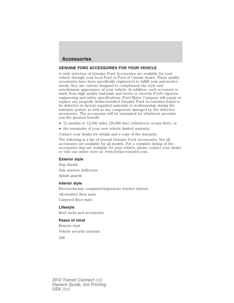 Accessories, Genuine ford accessories for your vehicle, Exterior style | Interior style, Lifestyle, Peace of mind | FORD 2010 Transit Connect v.3 User Manual | Page 248 / 258