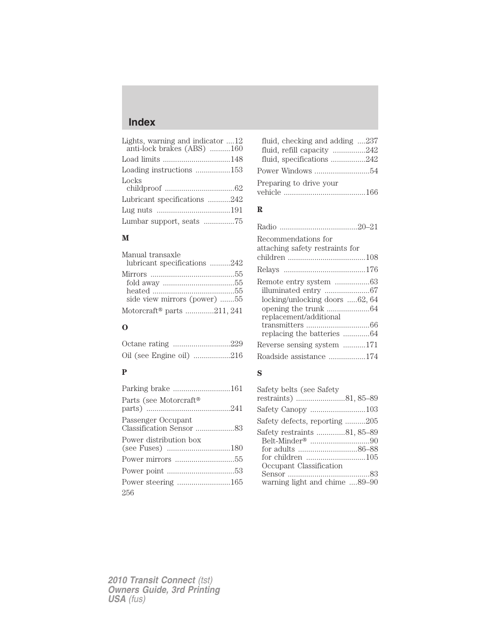 Index | FORD 2010 Transit Connect v.3 User Manual | Page 256 / 258
