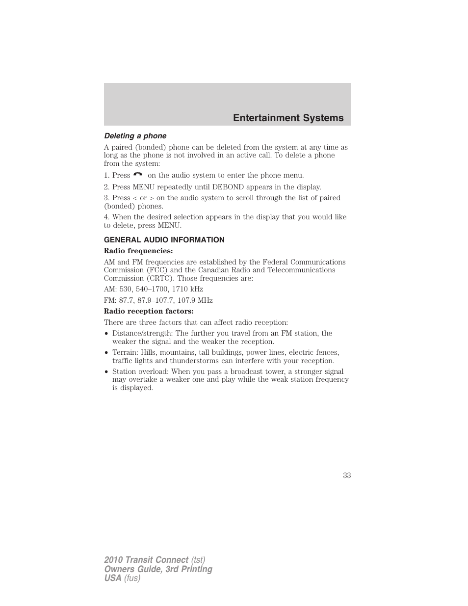 Deleting a phone, General audio information, Entertainment systems | FORD 2010 Transit Connect v.3 User Manual | Page 33 / 258