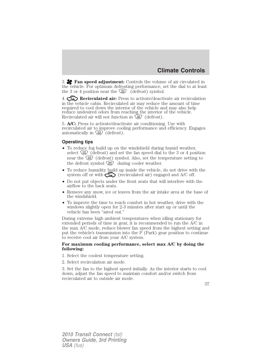 Operating tips, Climate controls | FORD 2010 Transit Connect v.3 User Manual | Page 37 / 258