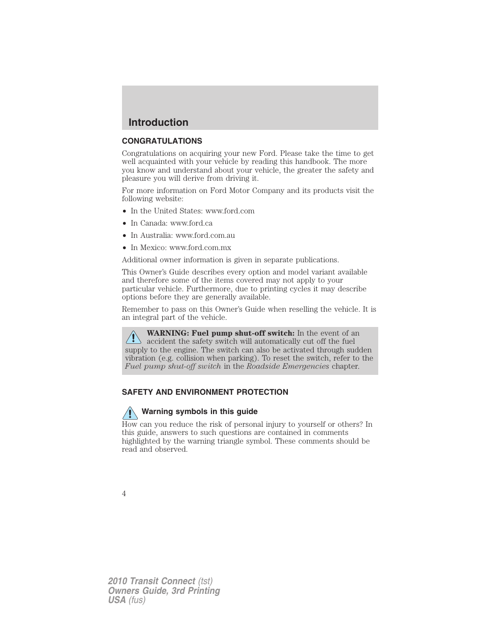 Introduction, Congratulations, Safety and environment protection | Warning symbols in this guide | FORD 2010 Transit Connect v.3 User Manual | Page 4 / 258