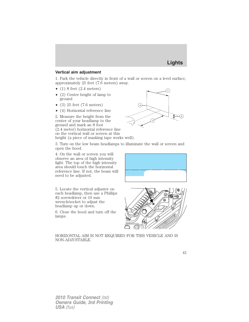 Vertical aim adjustment, Lights | FORD 2010 Transit Connect v.3 User Manual | Page 41 / 258