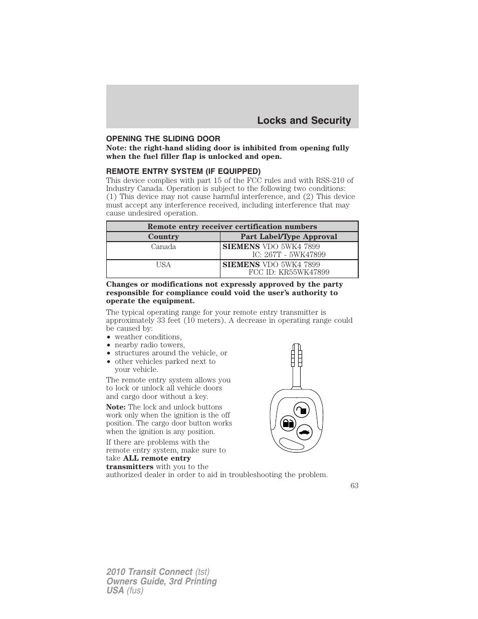 Remote entry system (if equipped), Locks and security | FORD 2010 Transit Connect v.3 User Manual | Page 63 / 258