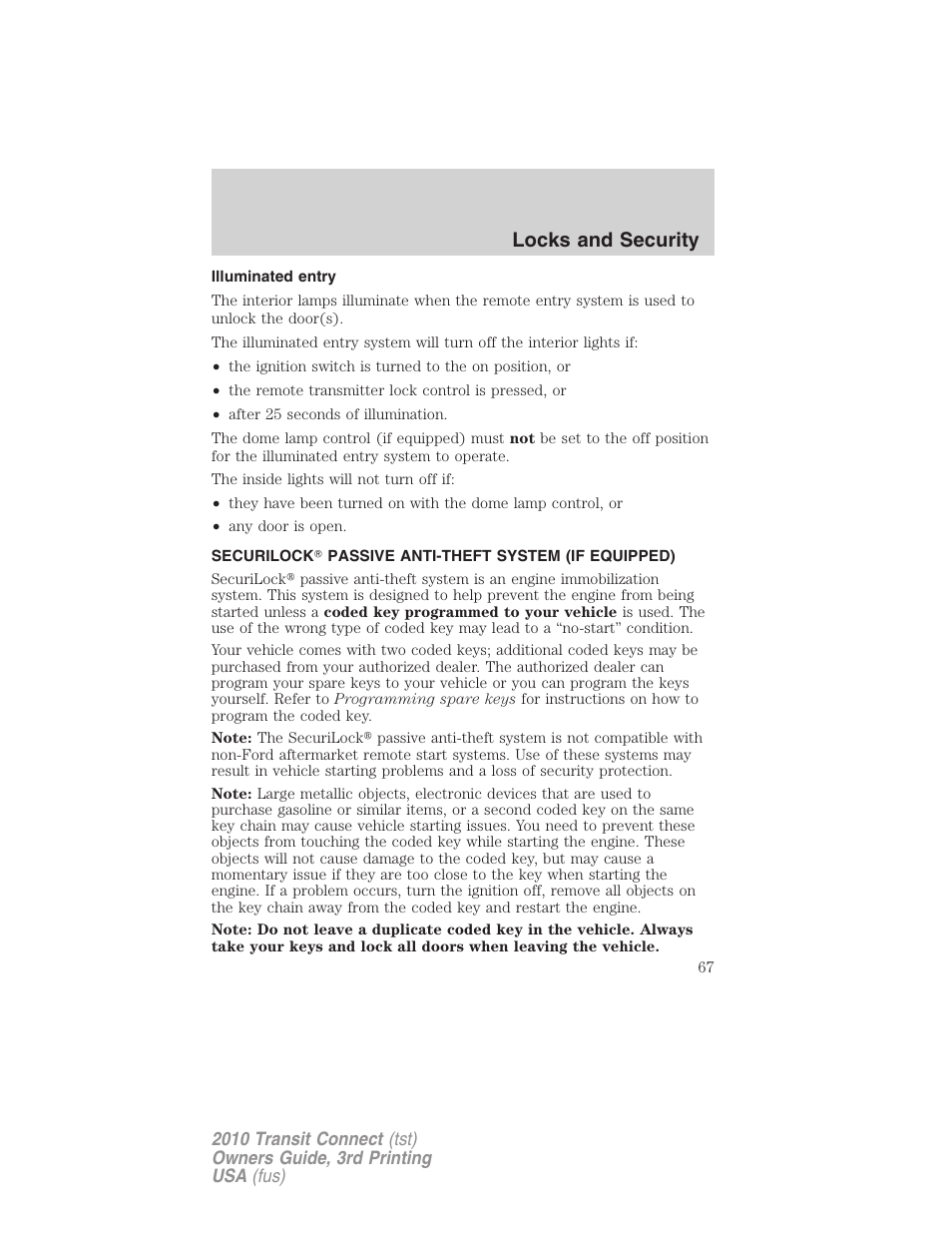 Illuminated entry, Securilock passive anti-theft system (if equipped), Anti-theft system | Locks and security | FORD 2010 Transit Connect v.3 User Manual | Page 67 / 258