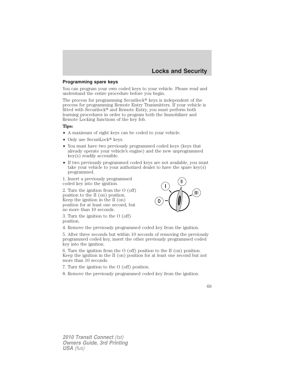 Programming spare keys, Locks and security | FORD 2010 Transit Connect v.3 User Manual | Page 69 / 258
