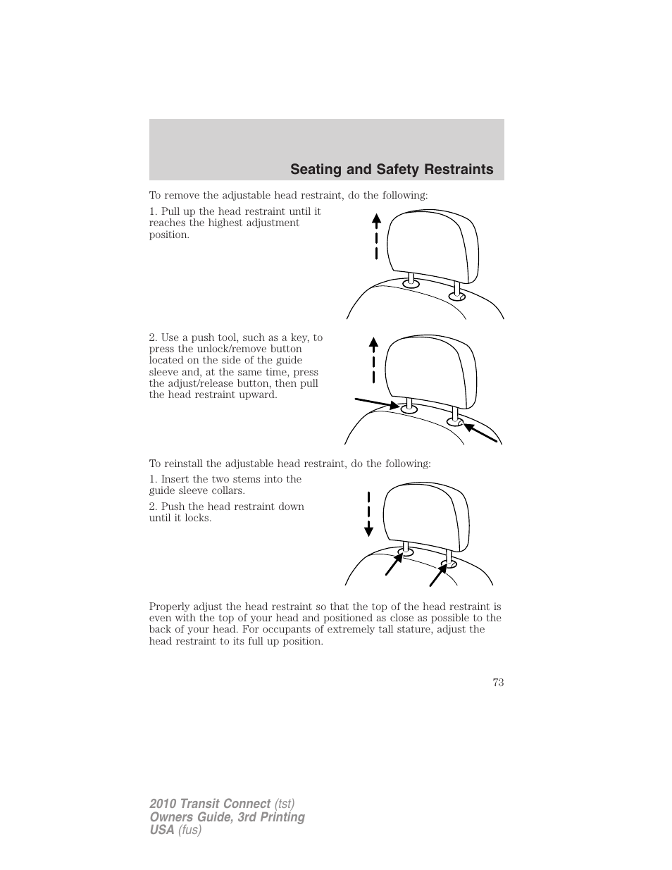 Seating and safety restraints | FORD 2010 Transit Connect v.3 User Manual | Page 73 / 258