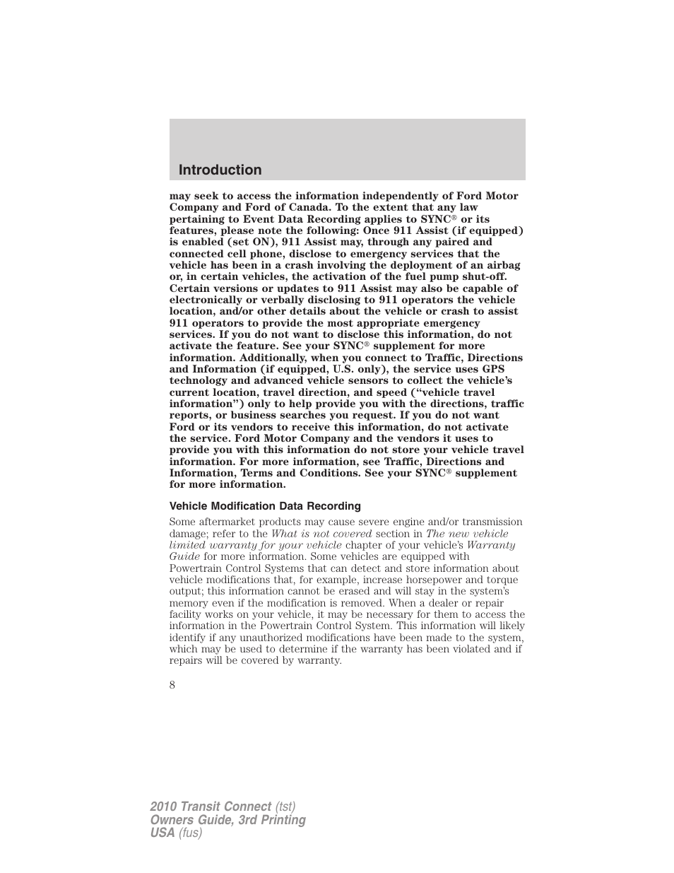 Vehicle modification data recording, Introduction | FORD 2010 Transit Connect v.3 User Manual | Page 8 / 258