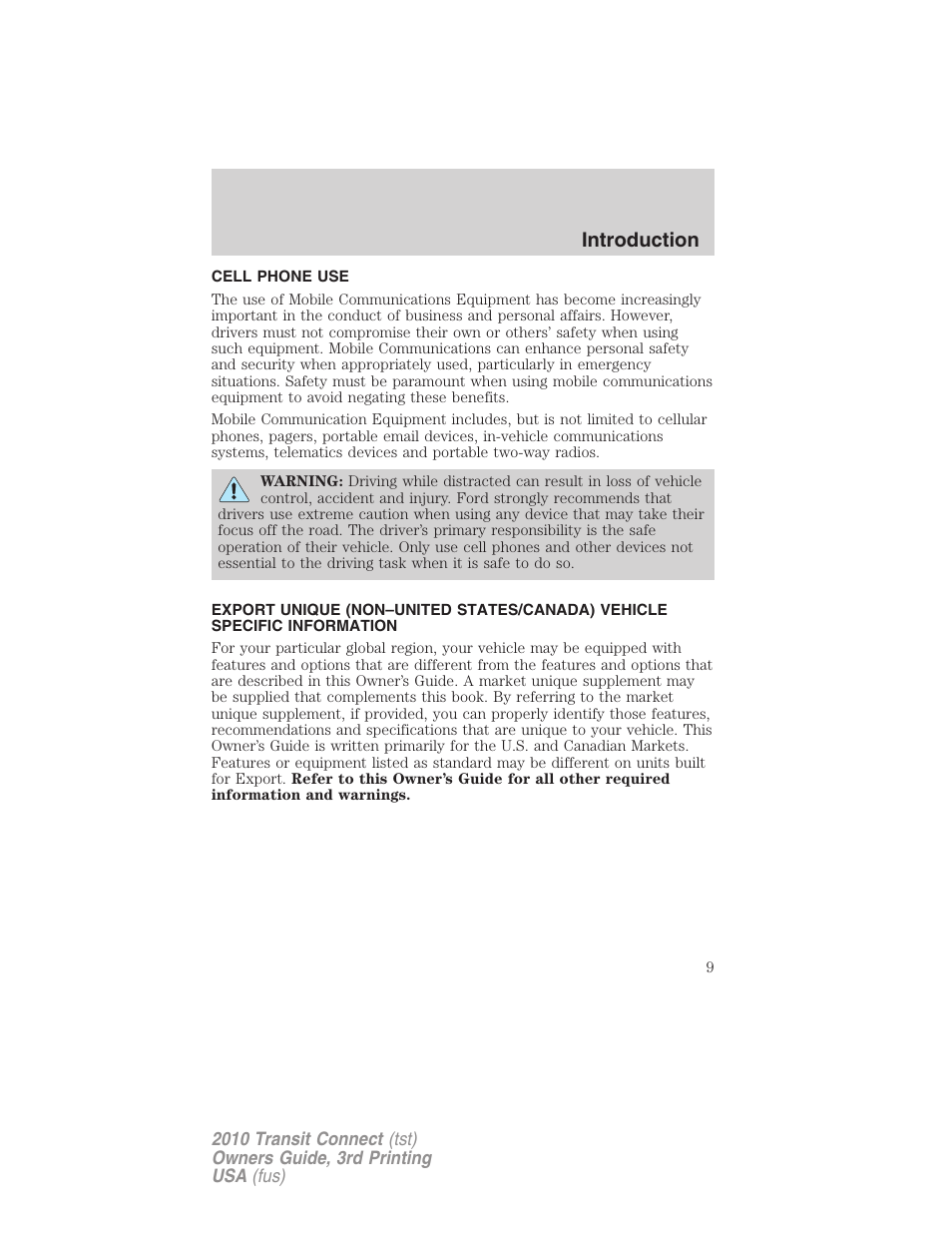 Cell phone use, Introduction | FORD 2010 Transit Connect v.3 User Manual | Page 9 / 258