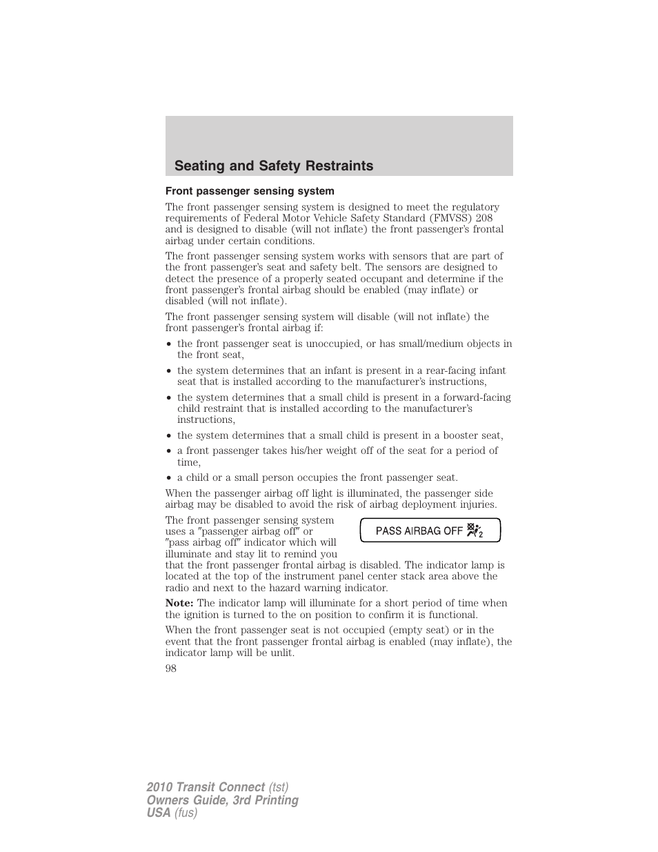 Front passenger sensing system, Seating and safety restraints | FORD 2010 Transit Connect v.3 User Manual | Page 98 / 258