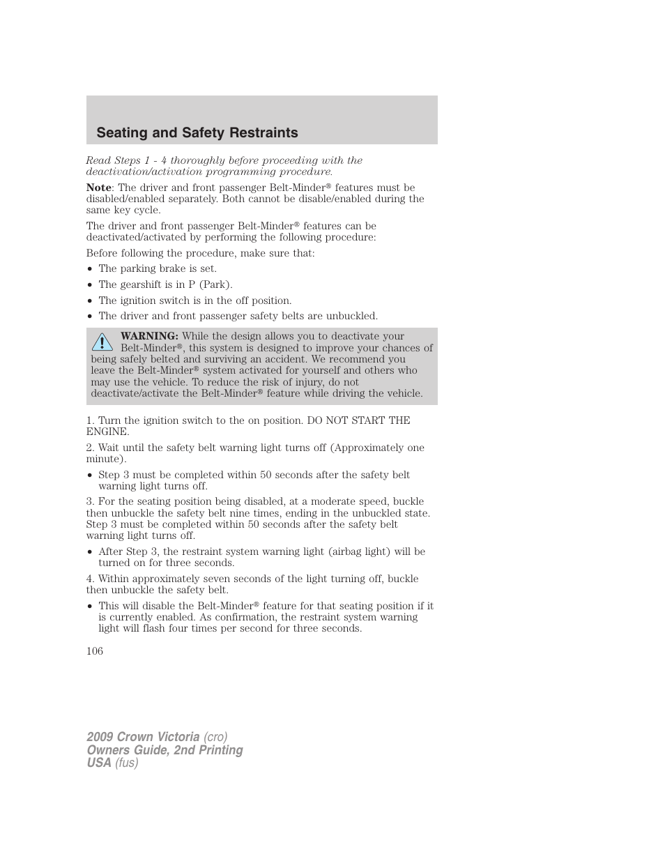 Seating and safety restraints | FORD 2009 Crown Victoria v.2 User Manual | Page 106 / 271