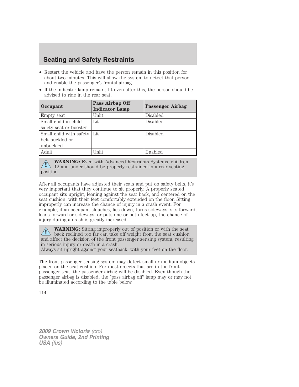 Seating and safety restraints | FORD 2009 Crown Victoria v.2 User Manual | Page 114 / 271