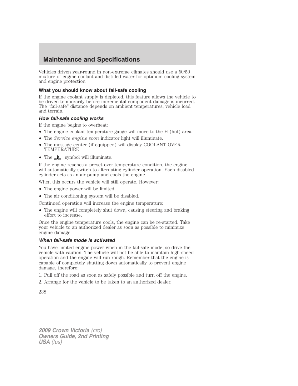 What you should know about fail-safe cooling, How fail-safe cooling works, When fail-safe mode is activated | Maintenance and specifications | FORD 2009 Crown Victoria v.2 User Manual | Page 238 / 271