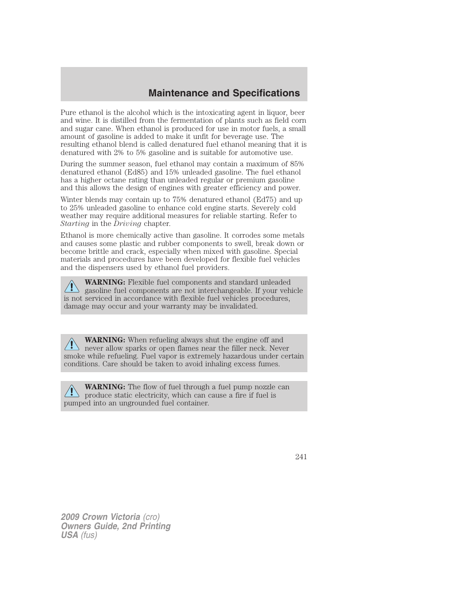 Maintenance and specifications | FORD 2009 Crown Victoria v.2 User Manual | Page 241 / 271