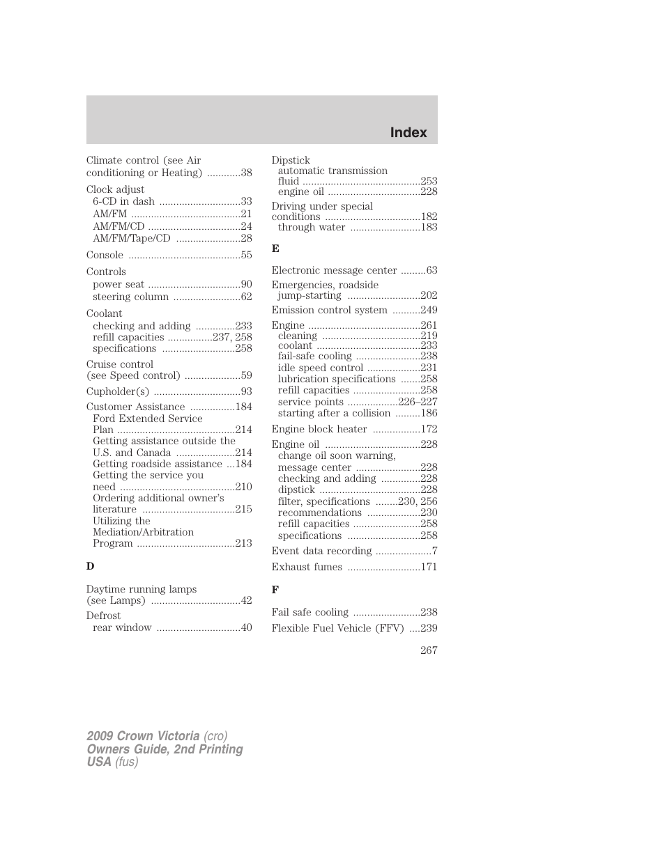 Index | FORD 2009 Crown Victoria v.2 User Manual | Page 267 / 271