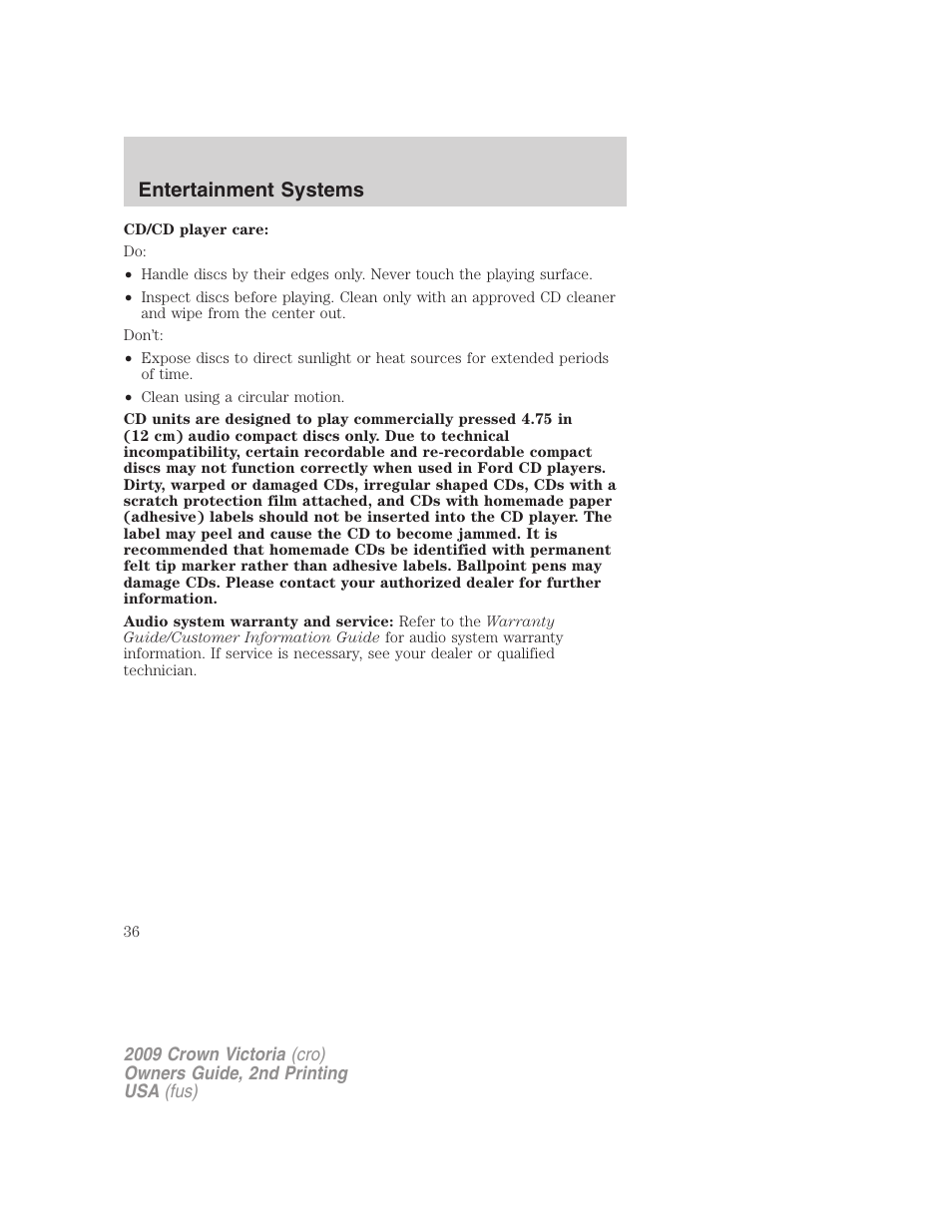 Entertainment systems | FORD 2009 Crown Victoria v.2 User Manual | Page 36 / 271