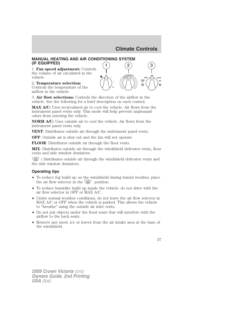 Climate controls, Operating tips, Manual heating and air conditioning | FORD 2009 Crown Victoria v.2 User Manual | Page 37 / 271