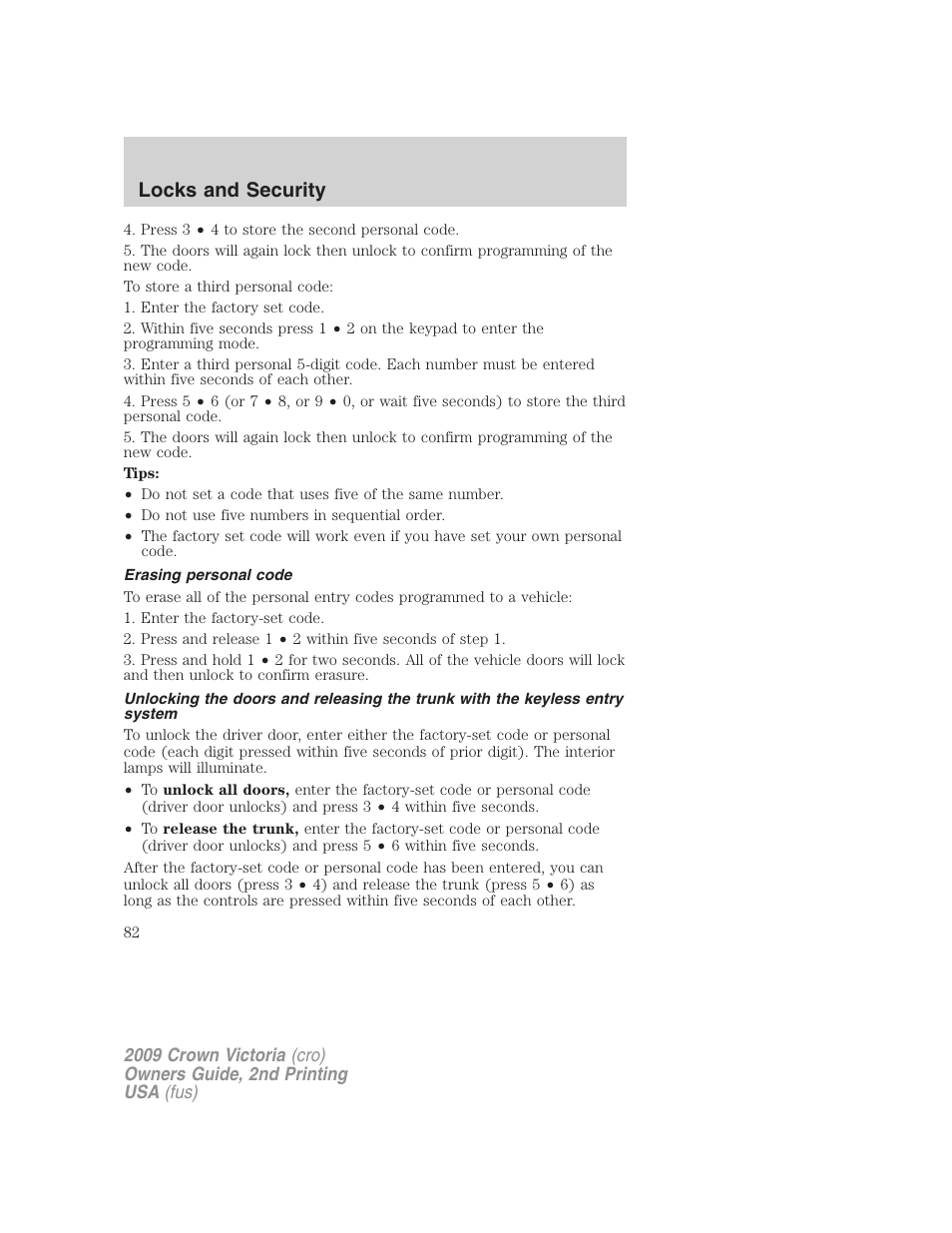 Erasing personal code, Locks and security | FORD 2009 Crown Victoria v.2 User Manual | Page 82 / 271