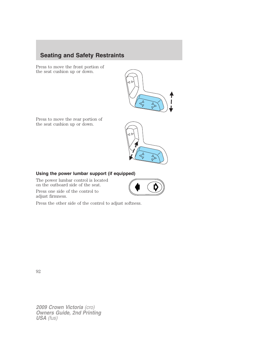 Using the power lumbar support (if equipped), Seating and safety restraints | FORD 2009 Crown Victoria v.2 User Manual | Page 92 / 271