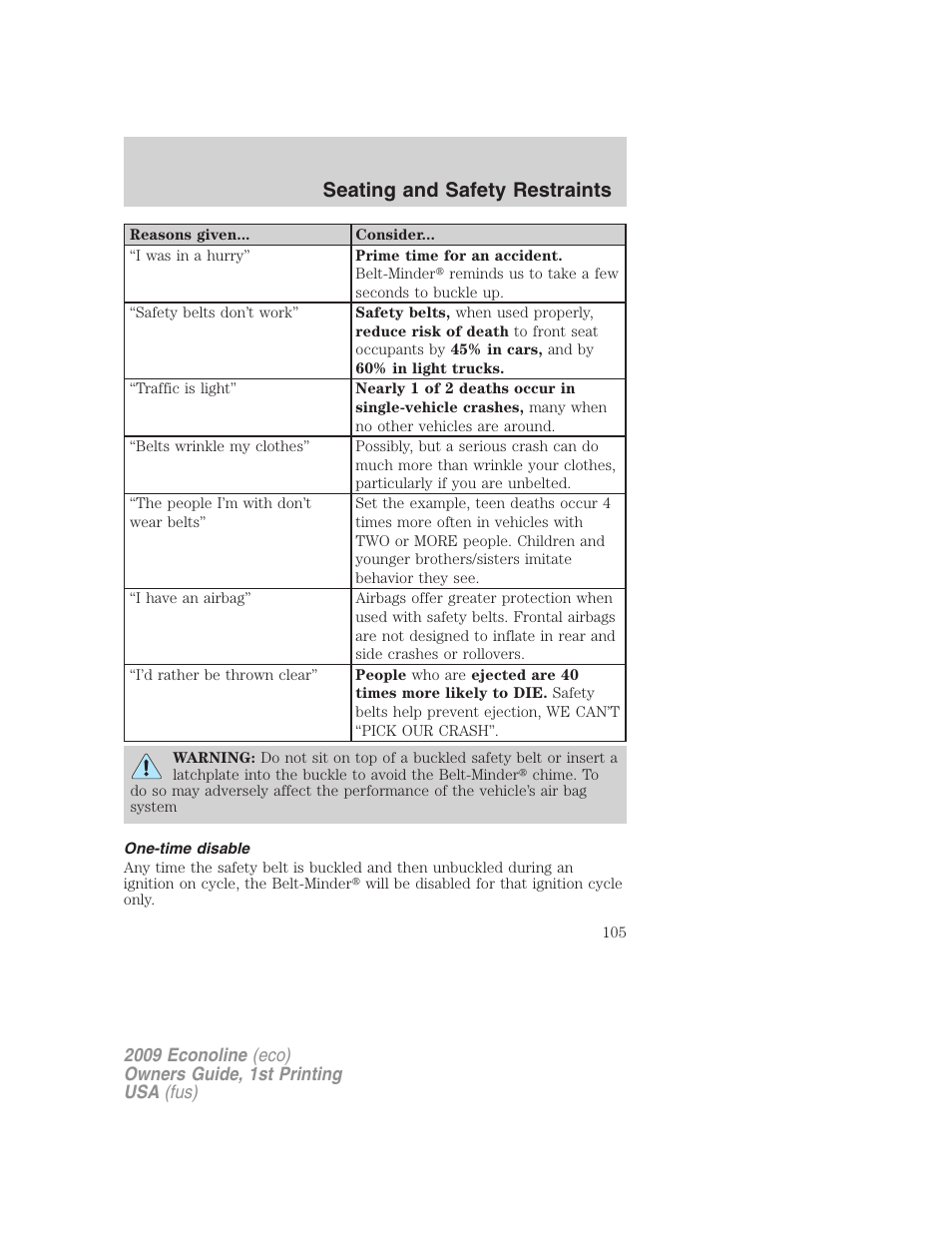 One-time disable, Seating and safety restraints | FORD 2009 E-450 v.1 User Manual | Page 105 / 321