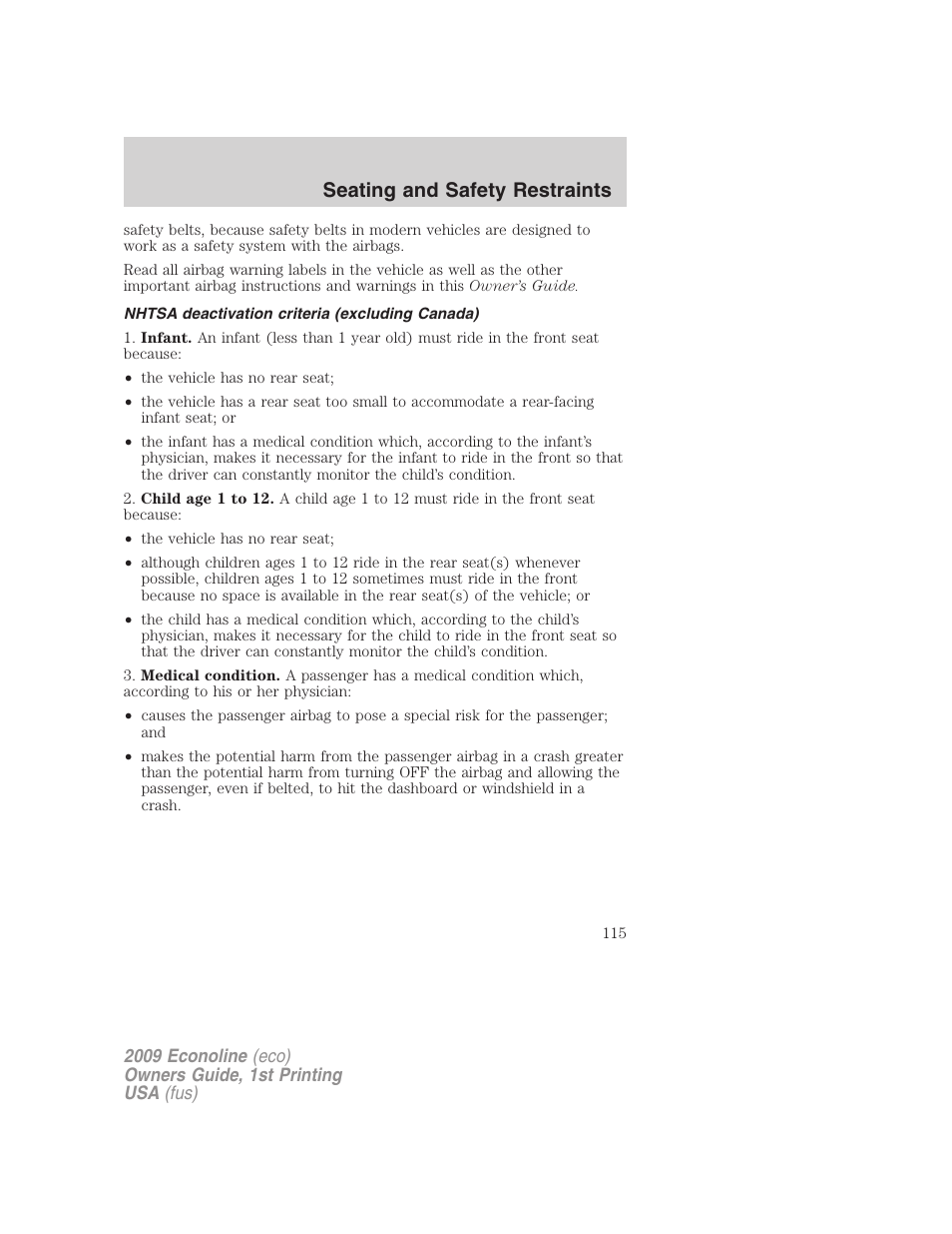 Nhtsa deactivation criteria (excluding canada), Seating and safety restraints | FORD 2009 E-450 v.1 User Manual | Page 115 / 321