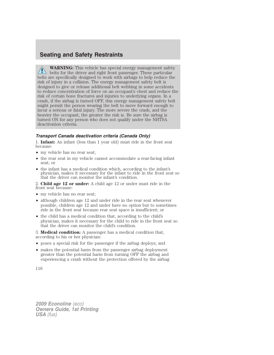 Seating and safety restraints | FORD 2009 E-450 v.1 User Manual | Page 116 / 321