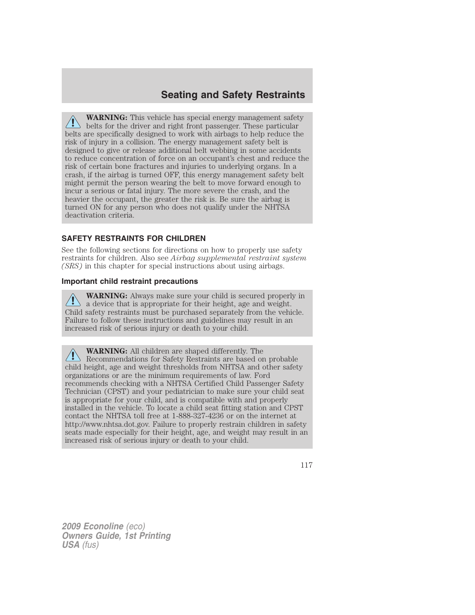 Safety restraints for children, Important child restraint precautions, Child restraints | Seating and safety restraints | FORD 2009 E-450 v.1 User Manual | Page 117 / 321