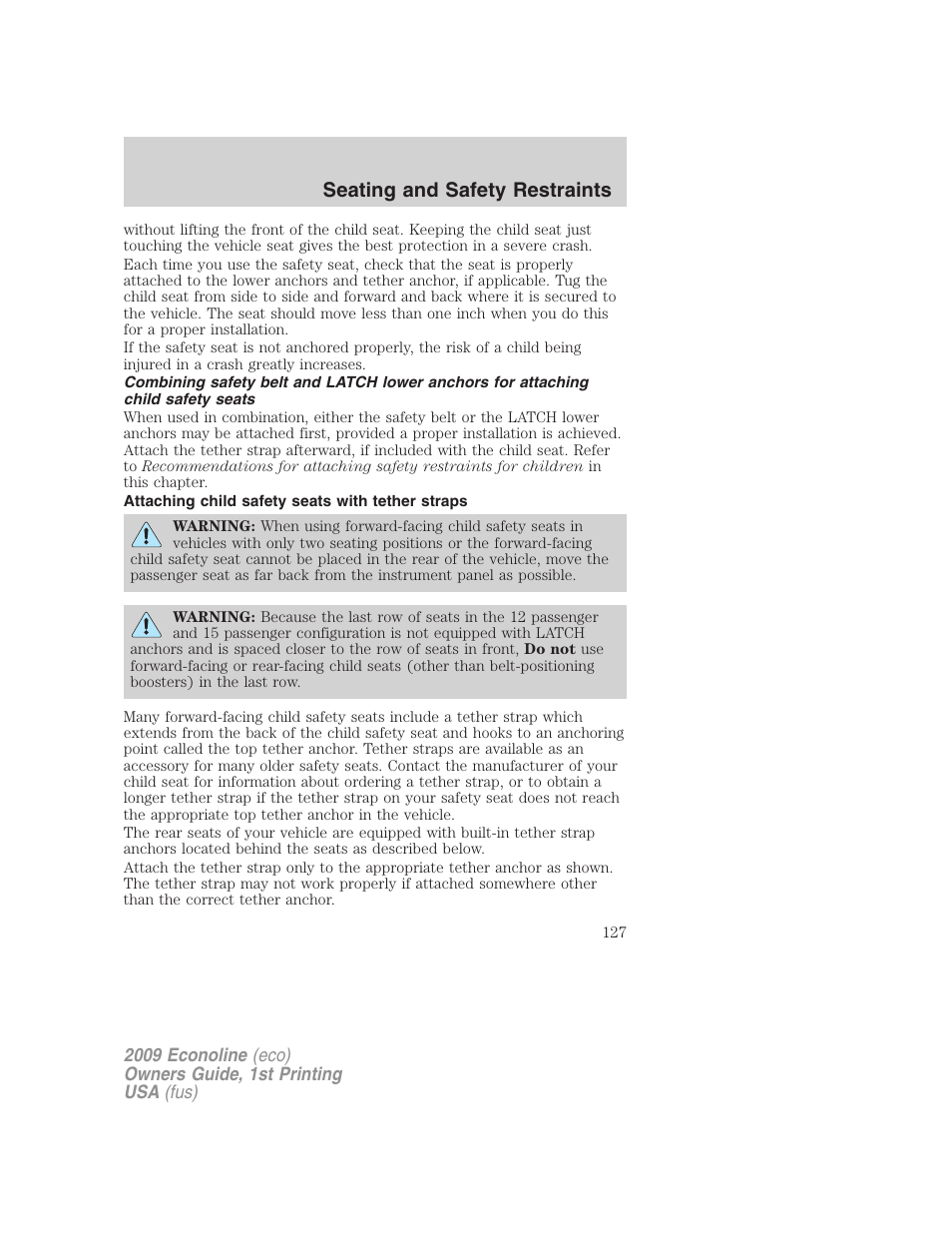 Attaching child safety seats with tether straps, Seating and safety restraints | FORD 2009 E-450 v.1 User Manual | Page 127 / 321