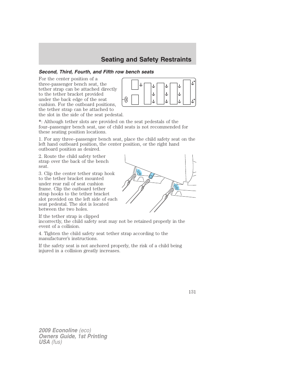 Second, third, fourth, and fifth row bench seats, Seating and safety restraints | FORD 2009 E-450 v.1 User Manual | Page 131 / 321