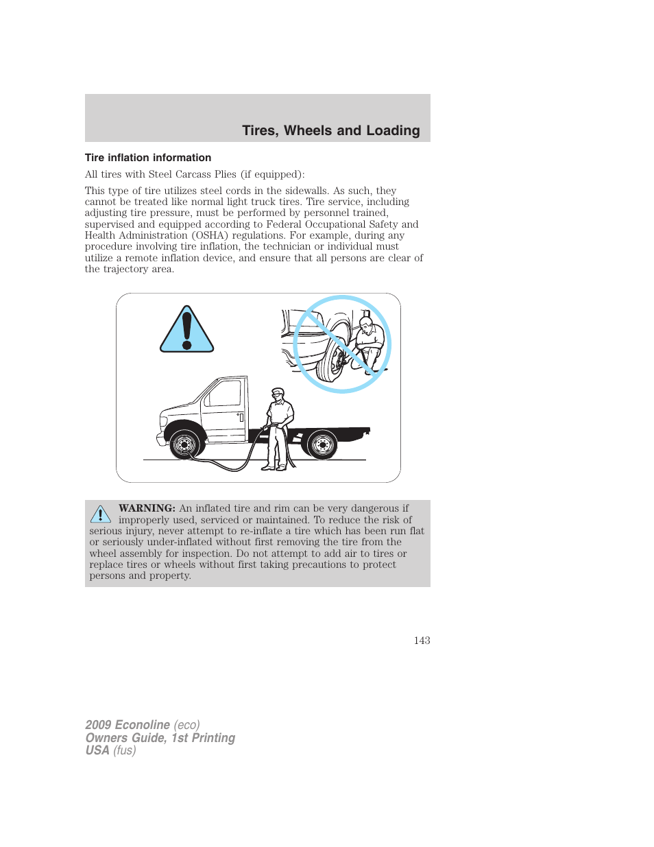 Tire inflation information, Tires, wheels and loading | FORD 2009 E-450 v.1 User Manual | Page 143 / 321