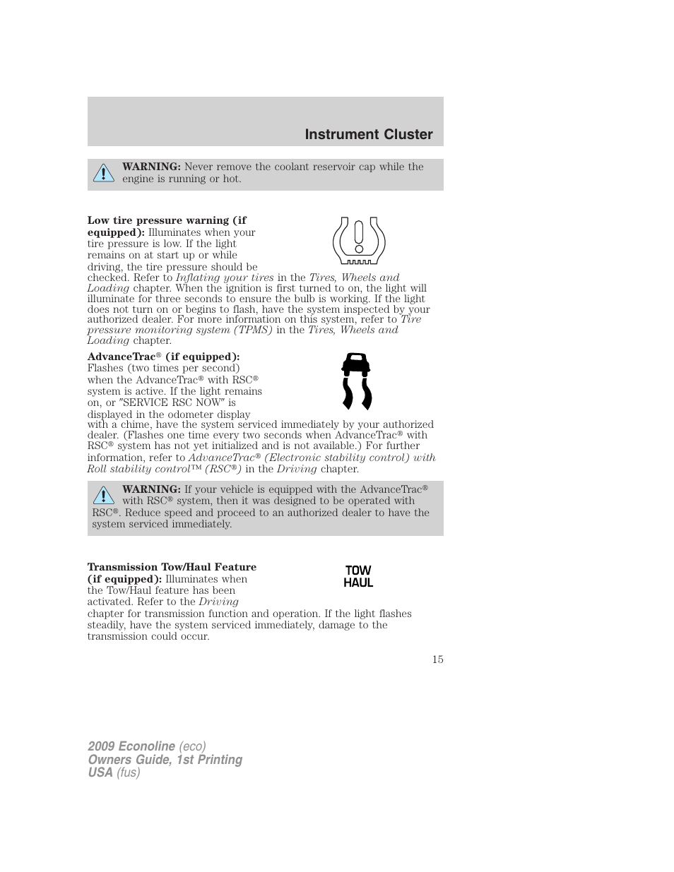 Instrument cluster | FORD 2009 E-450 v.1 User Manual | Page 15 / 321