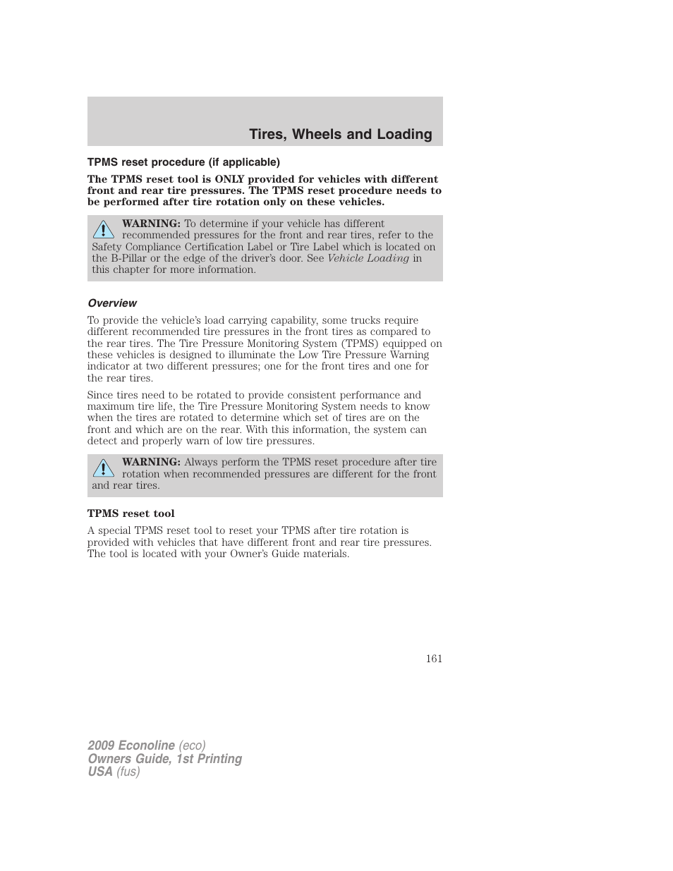 Tpms reset procedure (if applicable), Overview, Tires, wheels and loading | FORD 2009 E-450 v.1 User Manual | Page 161 / 321