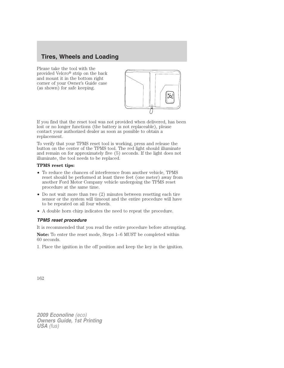 Tpms reset procedure, Tires, wheels and loading | FORD 2009 E-450 v.1 User Manual | Page 162 / 321